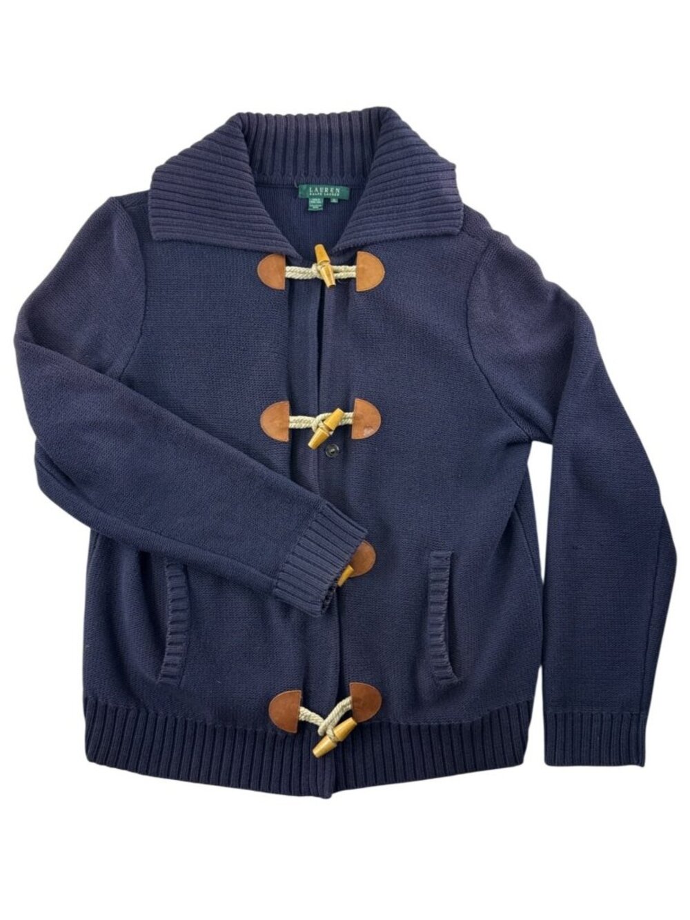 Lauren Ralph Lauren 100% Cotton Toggle Duffle Cardigan Sweater Navy XL Coastal